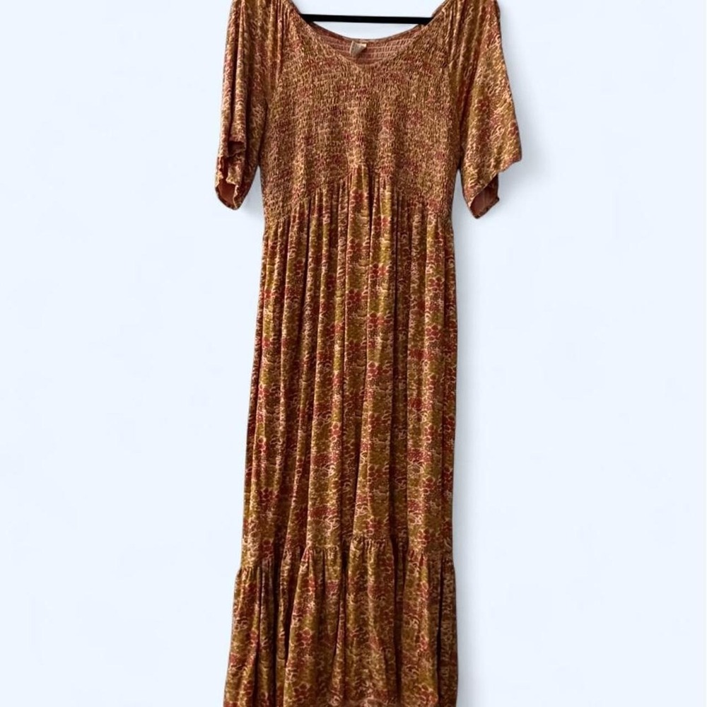 Kate Quinn 95% modal 5% spandex floral midi dress with pink and gold tones